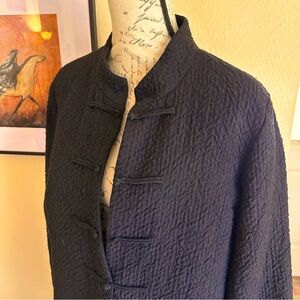 Eileen Fisher Asian Styled Black Textured Linen & Wool Coat